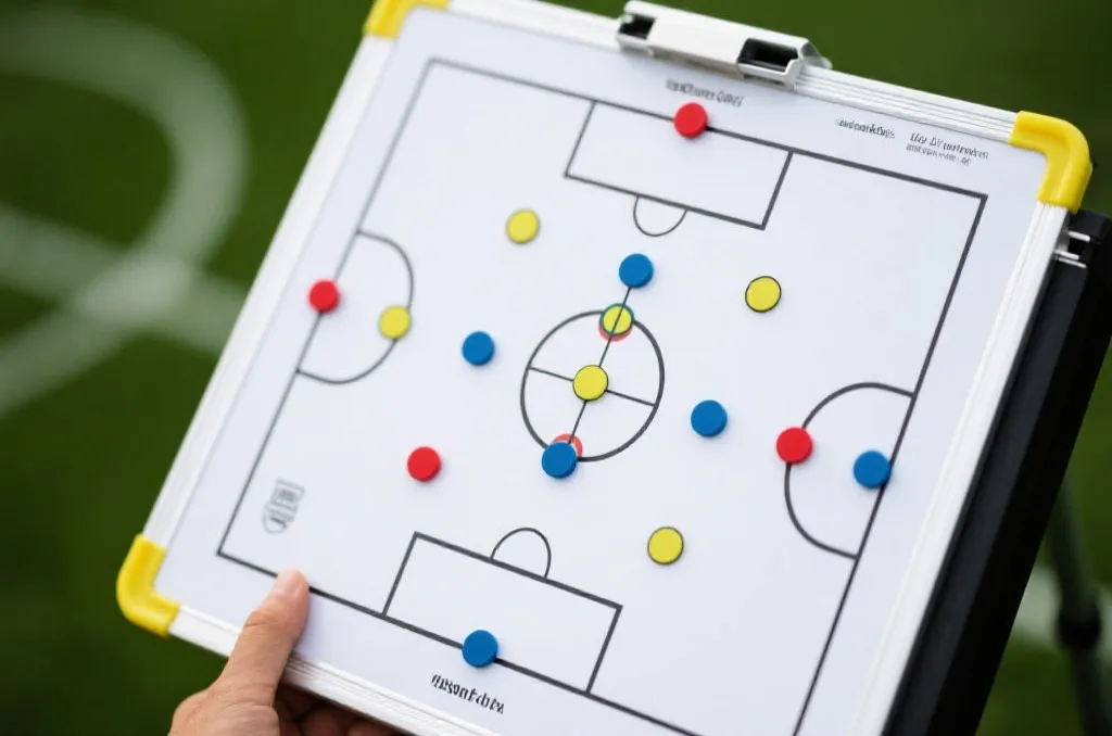 A tactical board showing generic football team formations and strategies, close-up
