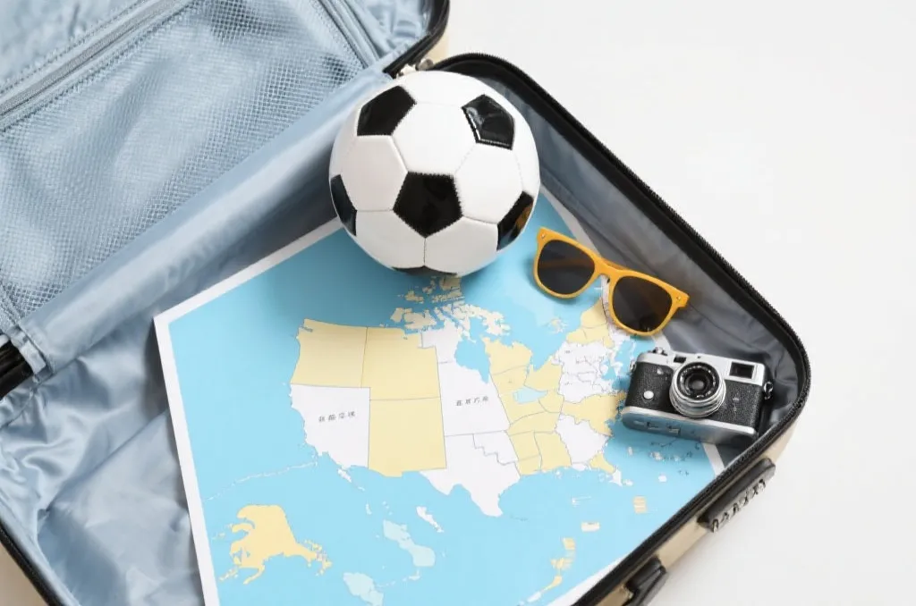 An open suitcase with a soccer ball, sunglasses, and a generic map of North America